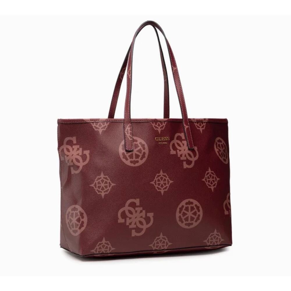 GUESS Vikky Large 4G Monogram Tote Bag Bordeaux Red Leopard Print Shopper Purse